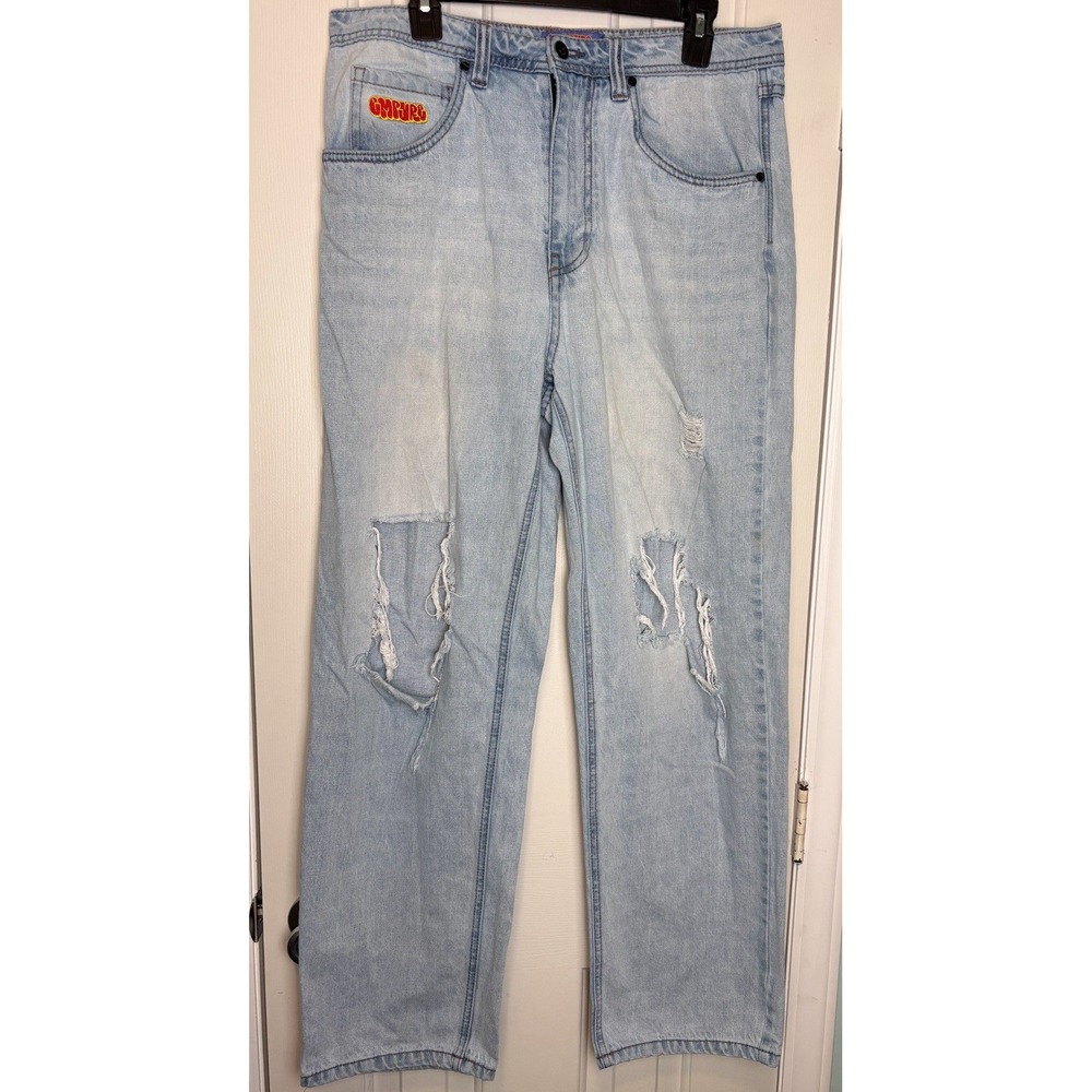Empyre Baggy Denim Jeans Size 32 x 30 Light Wash Y2K Skater Wide Leg Distressed